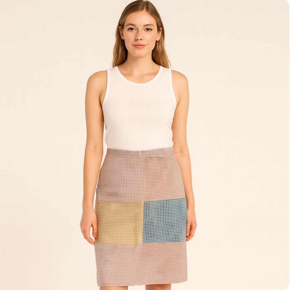 * Maggy L Silk Patchwork Pencil Skirt Womens Size 12 Multicolor Gingham Pattern